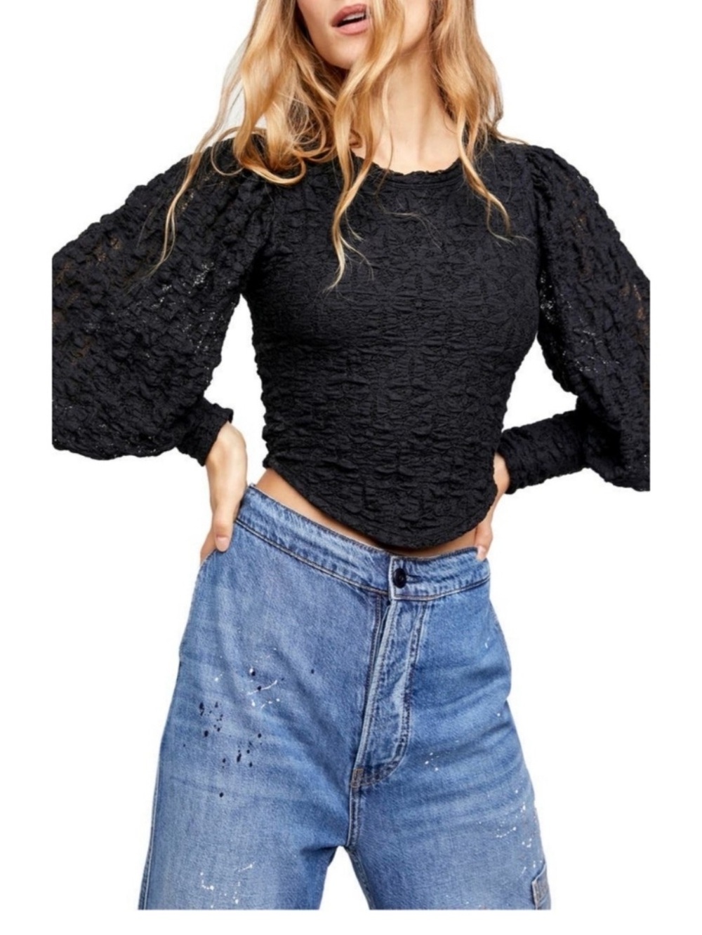 FREE PEOPLE Tea Time Lace Puff Sleeve Blouse Black Size Medium